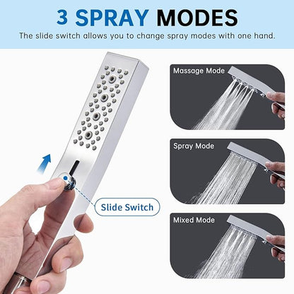 G-Promise All Metal Square 3 Function Handheld Shower Head(Chrome) | All Metal Construction, 3 Function Modes with Massage, Modern Look, Push Switch, Easy Installation