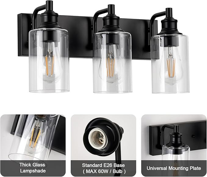 3-Light Bathroom Light Fixtures Modern Black Vanity Lights for Bathroom Lighting Fixtures Over Mirror for Cabinet Mirror Bedroom Hallway