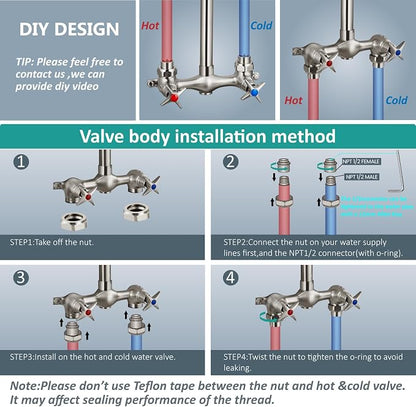 Aolemi Outdoor Shower Kit, 6-Inch Center, 2-Handle, Brushed Nickel | Solid Brass Mixer Valve, SUS304 Shower Pipe, Dual-Handle Hot And Cold Control, Reversible Inlets, and Rotating Head