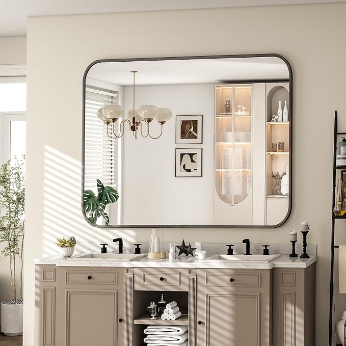 30x40 Inch Black Bathroom Vanity Mirror for Over Sink | Rectangle Wall Mirror for Bathroom with Round Corner, Hangs Horizontally Vertically for Living Room, Bedroom as Home Decor