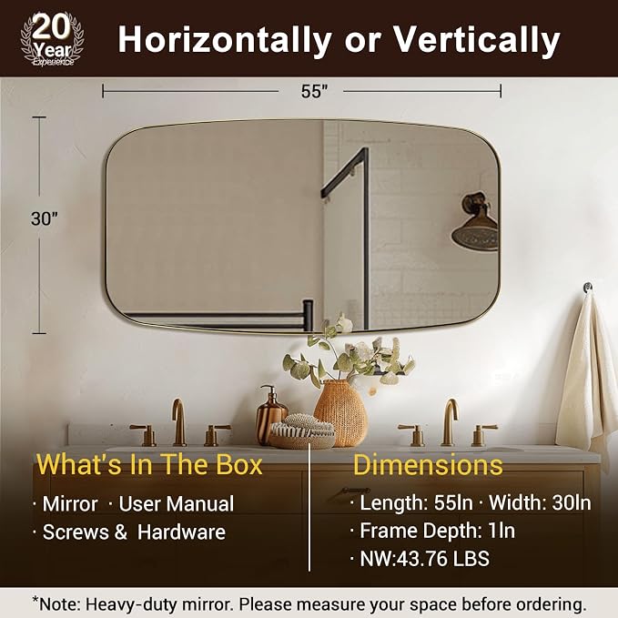 30x55 Full Length Wall Mirror, Brushed Gold Oblong Shaped Body Mirror with Stainless Steel Metal Frame, Rounded Corner Design for Floor and Leaning