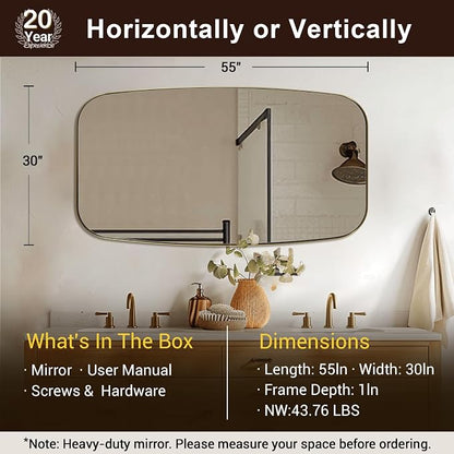 30x55 Full Length Wall Mirror, Brushed Gold Oblong Shaped Body Mirror with Stainless Steel Metal Frame, Rounded Corner Design for Floor and Leaning
