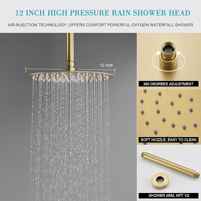 Brushed Gold Shower Faucet with Handheld Sprayer- 12 Inch Shower Head System Has Rain Shower Head and Handheld with Brass Valve- The Rainfall Shower Set for Bathroom Shower Fixtures