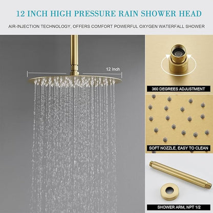 Brushed Gold Shower Faucet with Handheld Sprayer- 12 Inch Shower Head System Has Rain Shower Head and Handheld with Brass Valve- The Rainfall Shower Set for Bathroom Shower Fixtures