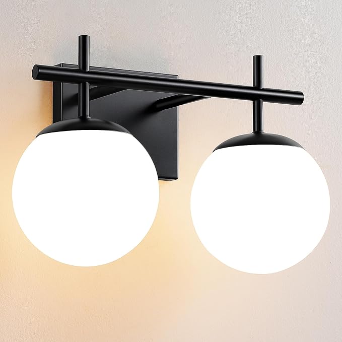 AIJIASI Black Bathroom Light Fixture Over Mirror, 2-Lights Vanity Lights with Milky White Frosted Glass Shade Mid Century Farmhouse Light Fixtures for Bathroom Above Mirror (Exclude E26 Bulb)