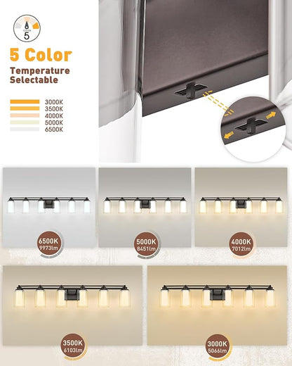 HWH Bathroom Light Fixtures 6-Light, Oil-Rubbed Bronze, 5HLT63B-6W-LED ORB | 36W LED Module, 5CCT 3000K-6500K, Dimmable, Double-Layer Clear and Frosted Glass, 43.7-Inch Fixture, Damp-Proof Metal