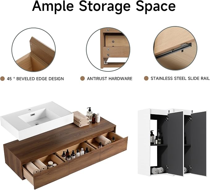 60 Inch Floating Bathroom Vanity with Single Sink, Modern Wall-Mounted Bathroom Cabinet with Resin Sink & Soft Close Drawers & Side Cabinets, Split-Level Layout (Walnut, 60"+2 Side cabinets)