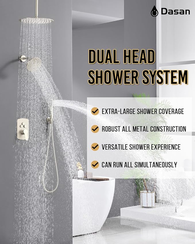 Dasan Rainfall Full Body Shower Faucet System with 12'' Round Shower & 6'' Shower Head,Brushed Nickel Dual Shower Head Faucets Set with Handheld & Valve, Double Shower Head System for Couples/2-Person