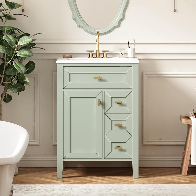 Merax 24 Inch Bathroom Vanities with Undermount Ceramic Sink, Tip-Over Drawer and Side Drawers, Soft Closing Door with Shelf, Solid Wood Frame, Light Green