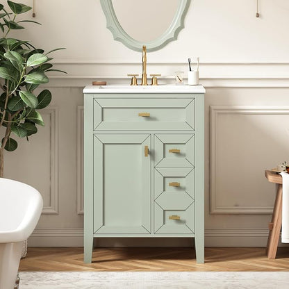 Merax 24 Inch Bathroom Vanities with Undermount Ceramic Sink, Tip-Over Drawer and Side Drawers, Soft Closing Door with Shelf, Solid Wood Frame, Light Green