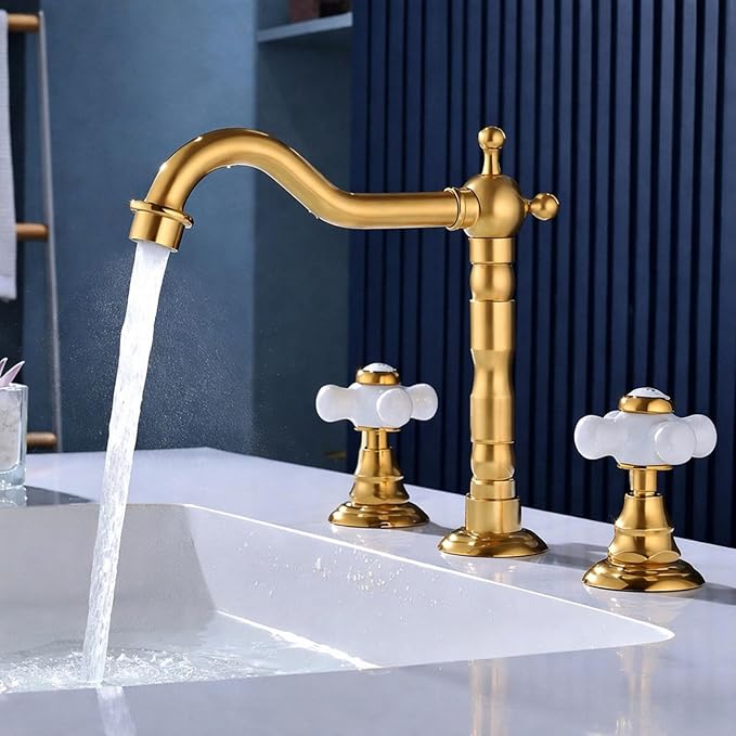Restroom Vanity Faucet 3 Hole Long Spout Reach 2 Knob Bathroom Faucet Widespread G1/2'' Hot and Cold Water,Titanium