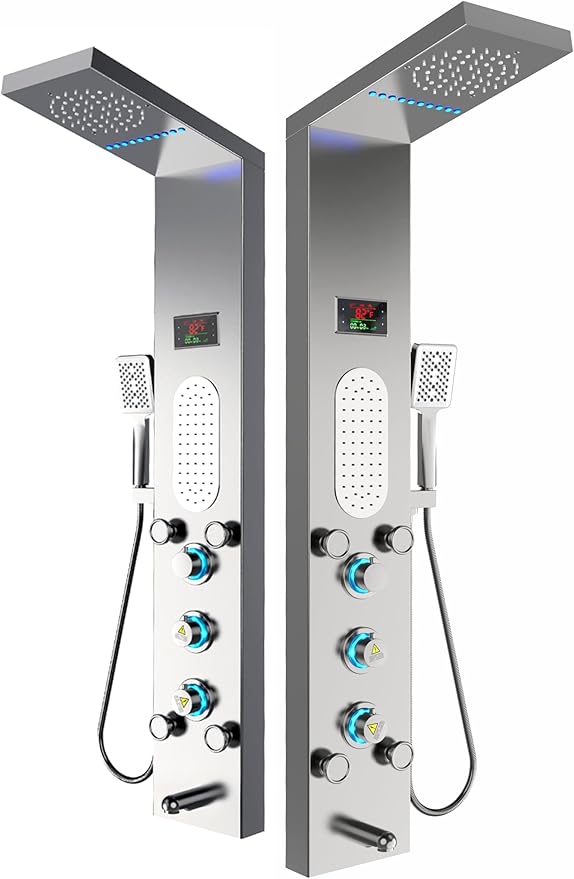 ELLO&ALLO LED Shower Panel Tower System, Rainfall and Mist Shower Head Rain Massage with Body Jets, Brushed Nickel