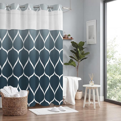 Gelbchu Ombre Aegean Blue No Hook Shower Curtain with Snap-in Liner, 71 x 74