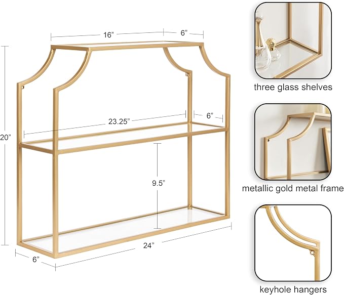 Kate and Laurel Ciel Modern Glam Wide Two-Tier Wall Shelf, 24 x 20, Gold, Tiered Bathroom Shelves for Over the Toilet Storage or Bedroom Makeup Organizer