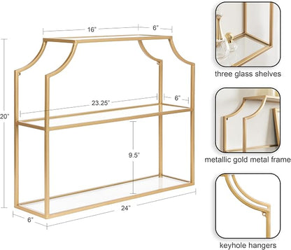 Kate and Laurel Ciel Modern Glam Wide Two-Tier Wall Shelf, 24 x 20, Gold, Tiered Bathroom Shelves for Over the Toilet Storage or Bedroom Makeup Organizer