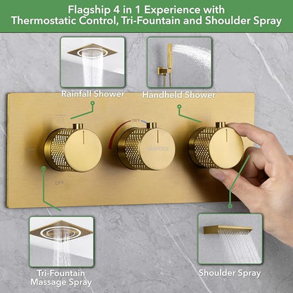 VANFOXLE Shower Faucet Set Brushed Gold Shower System,Shower Faucet with 2 in 1 Handheld,Ceiling Mount 19 Inch Shower Head+14 Inch Shoulder massager