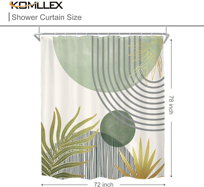 Mid Century Mint Green Boho Abstract Modern Bathroom Shower Curtain Set | 72Wx78H Plant Botanical design, waterproof HD print with fast-drying fabric and 12 hooks.