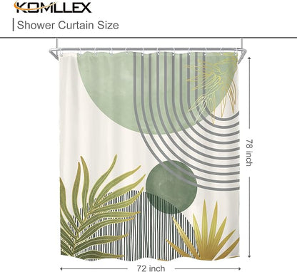 Mid Century Mint Green Boho Abstract Modern Bathroom Shower Curtain Set | 72Wx78H Plant Botanical design, waterproof HD print with fast-drying fabric and 12 hooks.