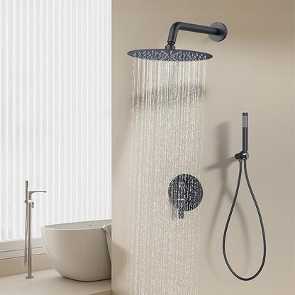 KOJOX 12-Inch Matte Black High-Pressure Shower System: Complete Set with Rainfall & Handheld Shower Heads, Wall-Mounted Mixer Faucet, Rough-In Valve, & Trim Kit for Bathroom