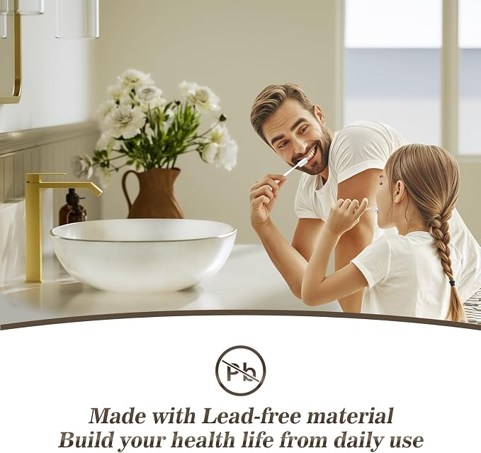 Brushed Gold Bathroom Faucet Brass Vessel Sink Faucet, Square Single Hole Single Handle Waterfall Above Counter Sink Faucet with Metal Pop Up Drain Without Overflow, FH05-BG-V