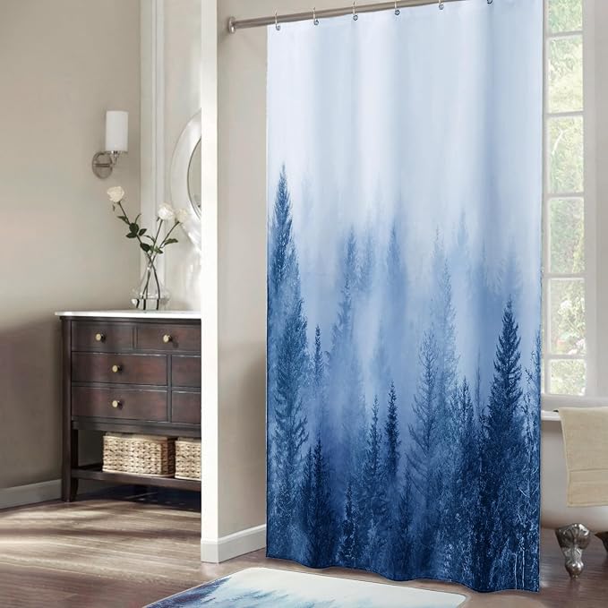 ORTIGIA 36x72 Misty Forest Stall Shower Curtain for Small Bathroom, Blue Half Size Narrow Nature Woodland Shower Curtain Set with Hooks, Waterproof Fabric Pine Tree Fog Magic Home Bath Curtain