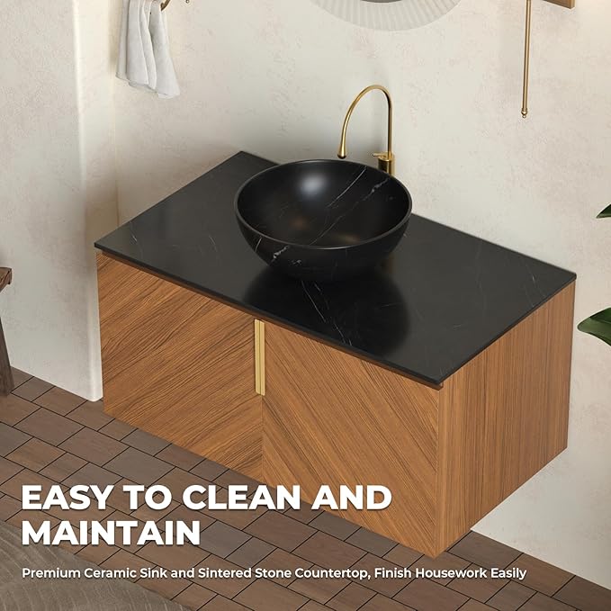 LKTART 36 Inch Bathroom Vanity with Sink, Modern Wall Mounted Bathroom Sink with 2 Doors, Black Sintered Stone Countertop and Black Bowl Ceramic Basin
