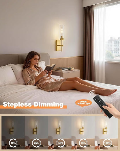 Gold Wireless Modern Battery Operated Wall Sconce Set of 2, Rechargeable Cordless Wall Lights with Remote, Dimmable Wall Lamp Decor for Bedroom Living Room Bathroom Hallway Entryway Stair