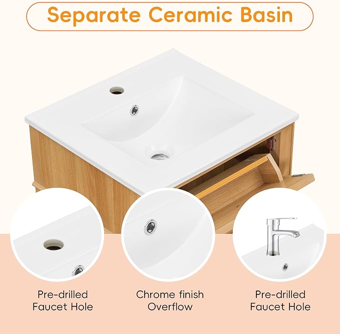 20" Small Bathroom Vanity with Ceramic Sink,Modern Freestanding Storage Cabinet w/Tilt-Out Drawer and Soft-Close Door,Adjustable Shelf,Solid Pinewood Frame for Bath/Powder/Guest Room,Wood
