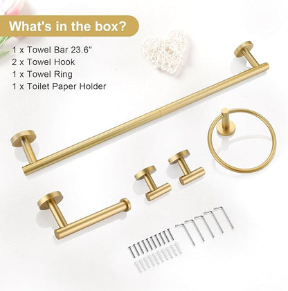 TQKAG 5 Piece Bathroom Accessories Set Brushed Gold Bathroom Hardware Set 23.6 Inch Bath Towel Bar Set SUS304 Stainless Steel Towel Rack Set