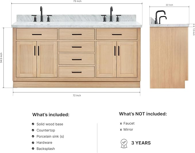 ARIEL Hepburn 72-inch Bathroom Vanity with Sink,Solid Wood, 1.5-inch Italian Carrara Marble Countertop & Backsplash, Double Oval Porcelain Sink, 4 Soft Closing Doors, 6 Dovetail Drawers, White Oak