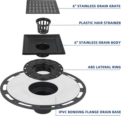6-Inch Square Shower Drain Kit with Bonding Flange, Matte Black | Removable 304 stainless steel grate with hair strainer; fits 2- and 3-inch pipes for tiled shower floors and wet areas