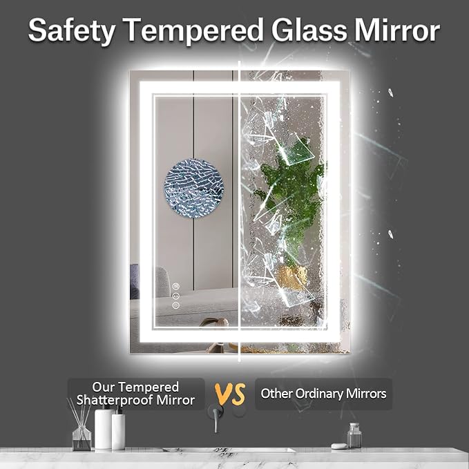 24x36 Inch LED Bathroom Mirror with Lights | Front and Backlit, 3 Colors, Dimmable, Memory, Anti Fog, Shatterproof, Horizontal/Vertical, Lighted Mirrors for Bathroom Wall