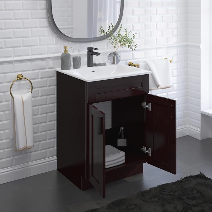 24" Espresso Shaker Bathroom Vanity Base – Ready-to-Assemble Sink Cabinet, Freestanding Bathroom Vanity Base Only, No Top or Sink