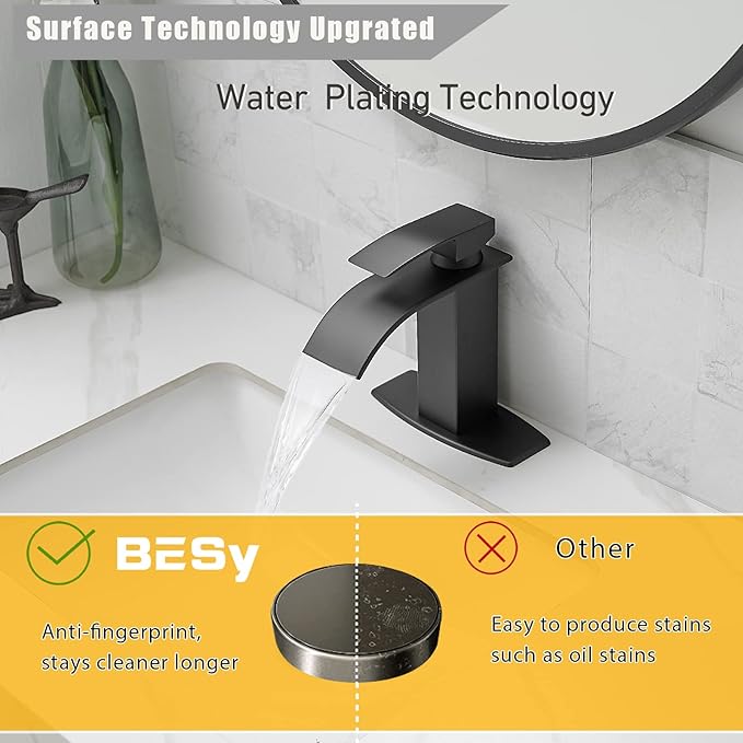 BESy Black Waterfall Bathroom Faucet, Single Hole 1 Hole 3 Holes Single Handle Bathroom Sink Faucet, Vanity Faucet with 6 Inch Deck Plate, cUPC Waterlines, Matte Black with Pop Up Drain
