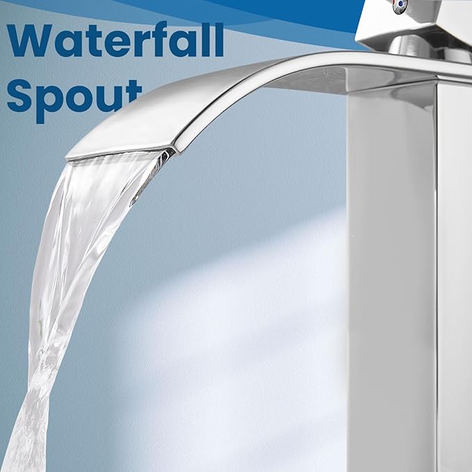 Airuida Chrome Polish Waterfall Spout Bathroom Faucet Single Handle Single Hole Bathroom Sink Faucet 1 or 3 Holes Rv Lavatory Vanity Faucet Basin Mixer Tap with Deck Plate and Supply Lines