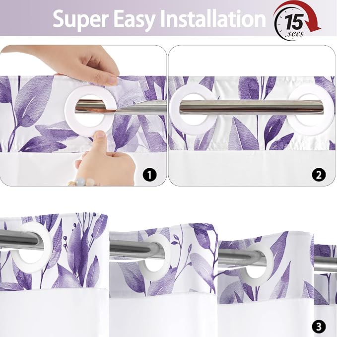 No Hook Shower Curtain and Liner Set, Light Purple Eucalyptus 71x74 | Floral Design, with Snap in Liner, Waterproof, Machine Washable, Quick-Drying, for Hotel Bathroom