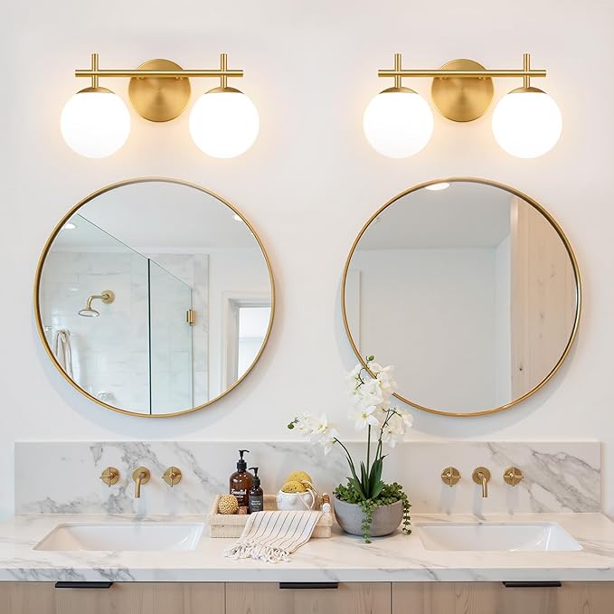 2-Light Bathroom Light Fixtures, Brushed Gold Vanity Lights for Bathroom with Milky White Glass Shade, Bathroom Lighting Fixtures Over Mirror, Wall Sconce for Bedroom (Bulb Not Included)