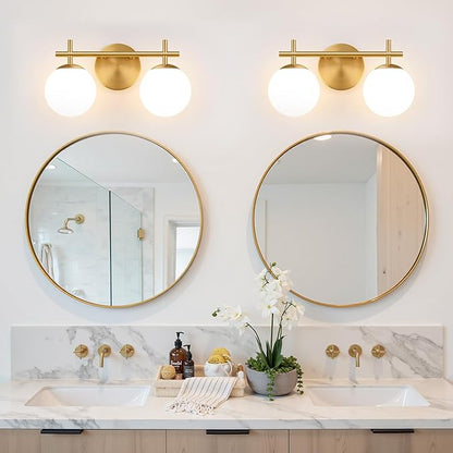 2-Light Bathroom Light Fixtures, Brushed Gold Vanity Lights for Bathroom with Milky White Glass Shade, Bathroom Lighting Fixtures Over Mirror, Wall Sconce for Bedroom (Bulb Not Included)