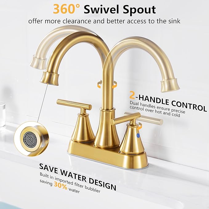 Bathroom Sink Faucet 4 Inch 2 Handle Centerset Brushed Gold Lead-Free Modern Bathroom Faucet Vanity Faucet with Pop-up Drain Stopper and Supply Hoses