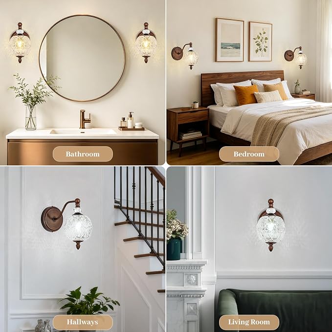 1 Piece Vintage Wall Sconce, 1-Light Mid Century Antique Red Bronze Finish Wall Sconce with Globe Glass Shade, Retro Light for Bathroom, Bedroom, Living Room,Powder Room