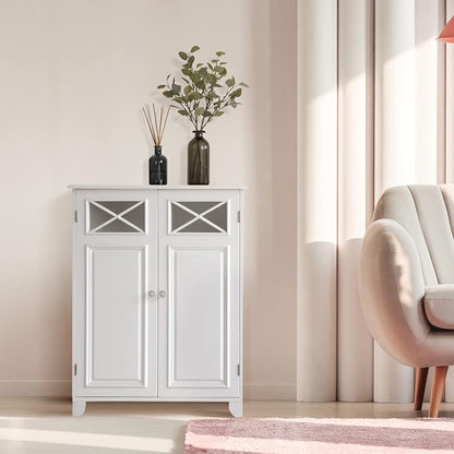 Teamson Home Dawson Wooden Freestanding Floor Cabinet with 1 Fixed 1 Adjustable Shelves 3 Storage Spaces 2 Glass Paneled Doors and 2 Clear Knobs, White