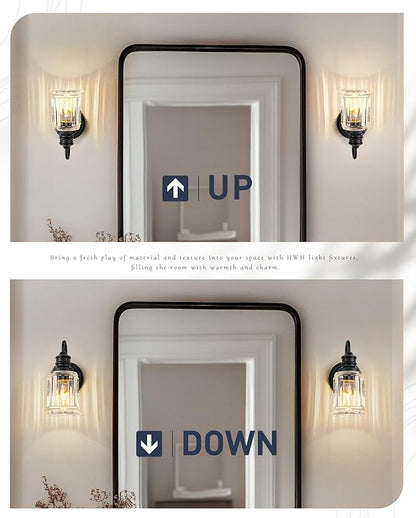 Black Wall Sconces, HWH Rustic Industrial Wall Lamps, 1-Light Sconces Wall Lighting with Bell-Shaped Clear Glass, Bathroom Vanity Light Fixture for Bedroom Living Room Kitchen, 5HZG106B BK