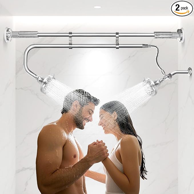 OURBAOFU Tandem Shower Heads, Double Shower Head for Couples, Dual Shower Head System for Two People, High Pressure and Adjustable Double Shower Heads (Silver) | Double Shower Head High Water Pressure,Adjustable 360° Rotation,48–78 In for bathrooms,Sta...