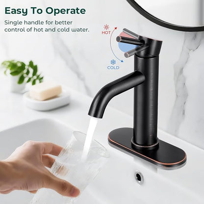 Bathroom Faucet, Single Handle Vanity Sink Faucet, Oil Rubbed Bronze | ORB, for 1/3-Hole, Stainless Steel, Ceramic Cartridge, Pop-Up Drain, Deck Plate, For Vanity Powder Laundry