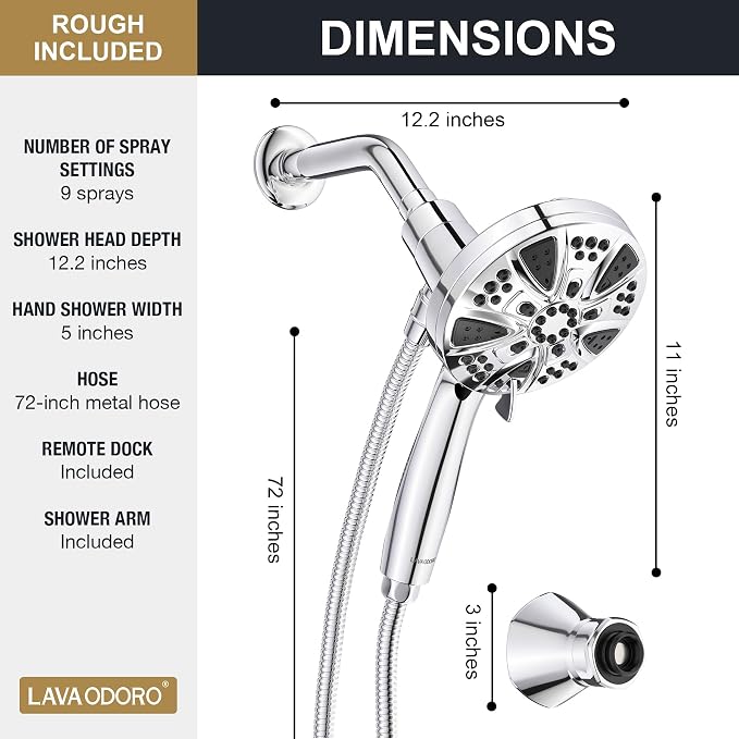 Handheld Shower Head with Magnetic Docking System | 9-Function High Pressure Detachable Shower Head, 5-inch Showerhead with 72 Inch Hose, Remote Dock, Chrome, SH180-C-D