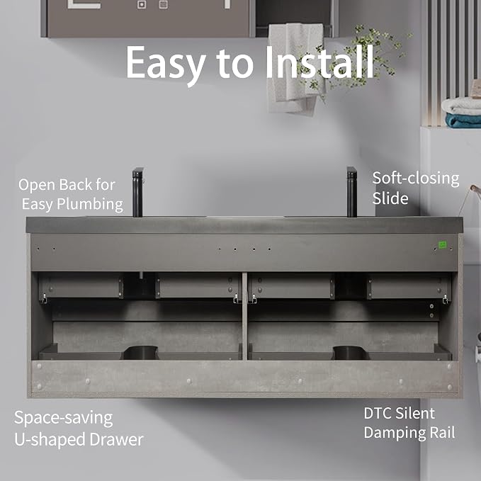 60" Floating Bathroom Vanity with Sink Combo, Pre-Assembled Wall Mounted Bathroom Cabinet with Double Integrated Sink, Soft-Closed 2 Drawers, Dark Birch