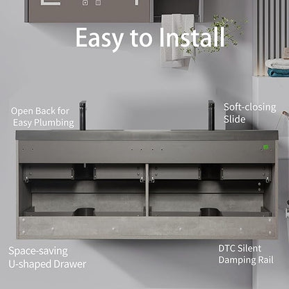 72 Inch Floating Bathroom Vanity with Double Sink, Modern Wall-Mounted Bathroom Vanity Storage Cabinet Organizer with Double Resin Top Basins and 4 Soft Close Drawers (Grey)