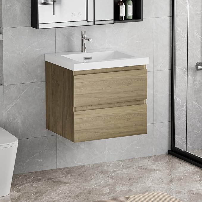 Floating Vanity Bathroom, 30 Inch Bathroom Vanity with Sink, Wall Mounted Single Sink Bathroom Vanity, Soft Closed 2 Drawers, Integrated Sink (Natural Oak)