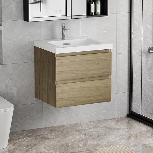 Floating Vanity Bathroom, 30 Inch Bathroom Vanity with Sink, Wall Mounted Single Sink Bathroom Vanity, Soft Closed 2 Drawers, Integrated Sink (Natural Oak)