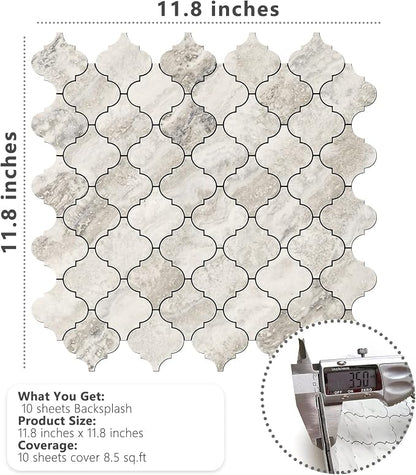 STICKGOO Arabesque Peel and Stick Backsplash Tile, Stick on Backsplash for Kitchen and Bathroom, Beige Marble Look PVC Mixed Metal Aluminum Mosaic Tiles (10 Sheets)